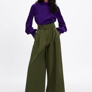 Zara Olive Green Wide Leg Belted Pants